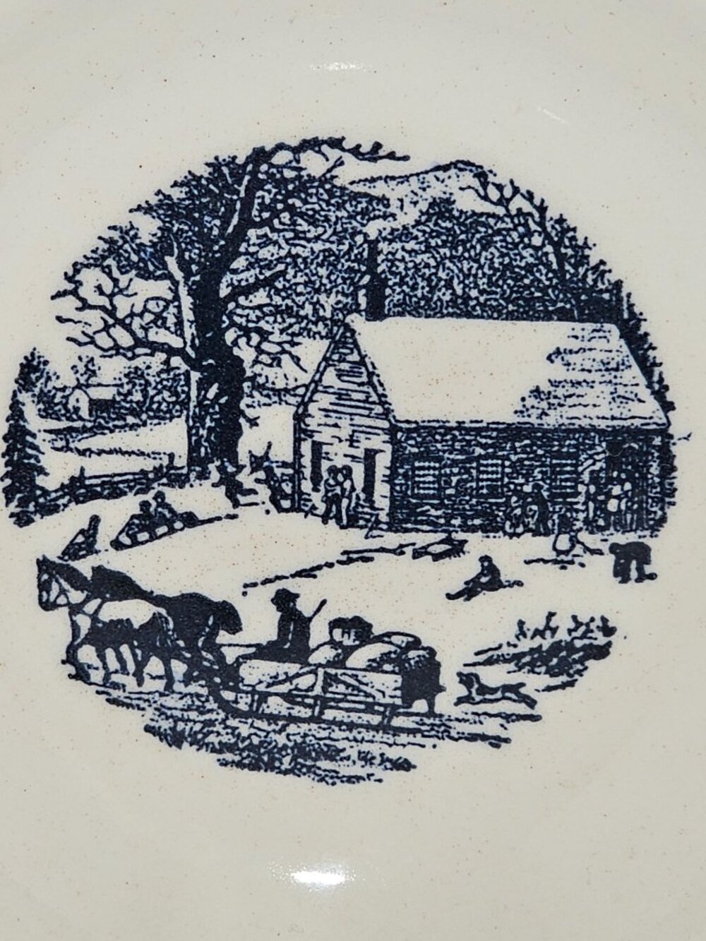 Currier Ives Schoolhouse Blue Bowl 6.5" Royal Pottery winter scene made USA 50s - Picture 2 of 6